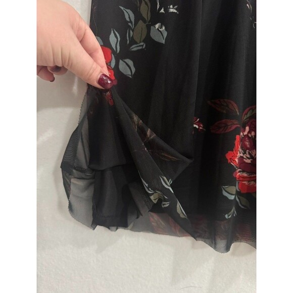 American Rag Black Red Floral Mini Dress Sheer Long Sleeve Boho Romantic Size S - Picture 9 of 14